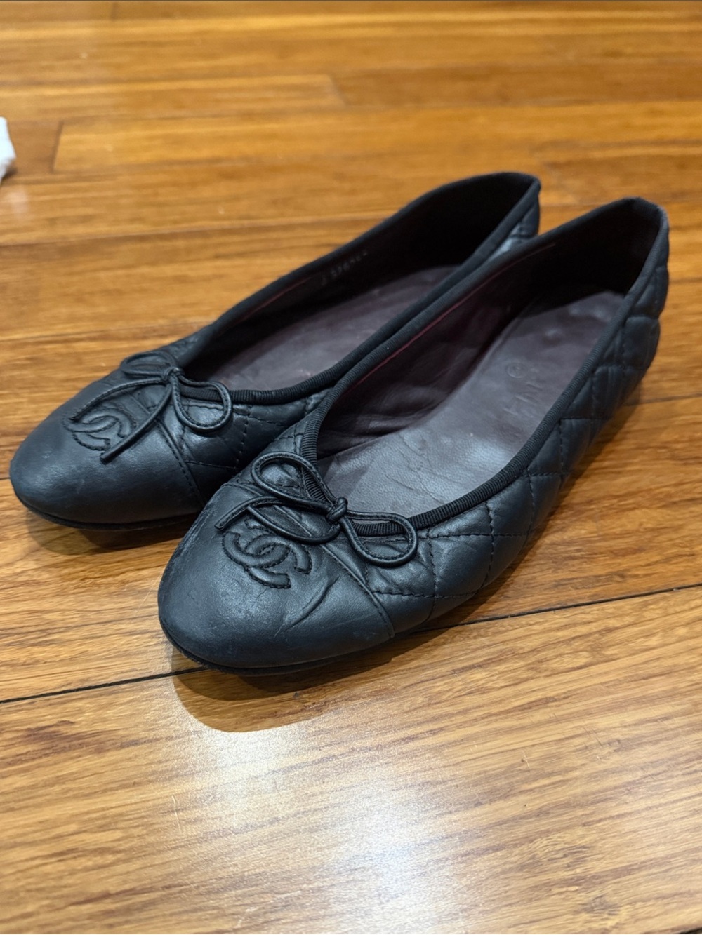 Chanel Size 37.5 Black Aged Calfskin Ballerina Flats